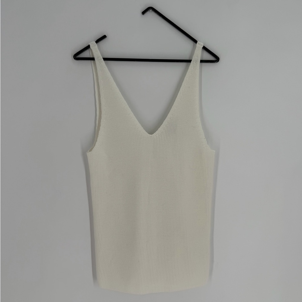 Cos Ribbed Knit White V Shaped Neckline Back Tank Top